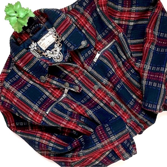 We The Free Free People FP Swing Flight Jacket Red Navy Tartan Plaid Size L - Picture 2 of 16